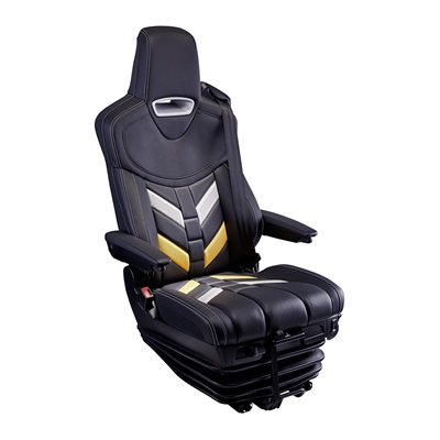 commercial vehicle seat with black and yellow chevron fabric